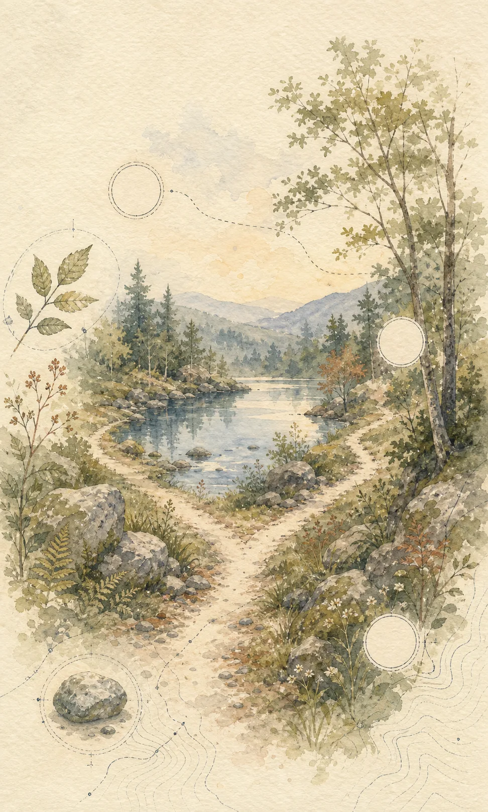 A watercolor path winding through a quiet landscape marked by observation circles.