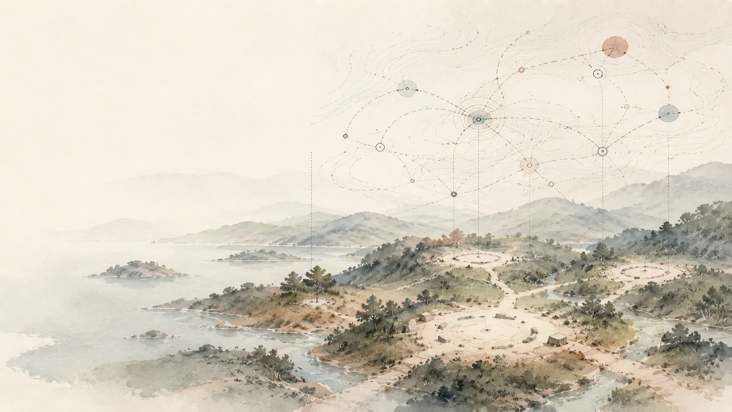 A watercolor archipelago overlaid with routes and observation points.