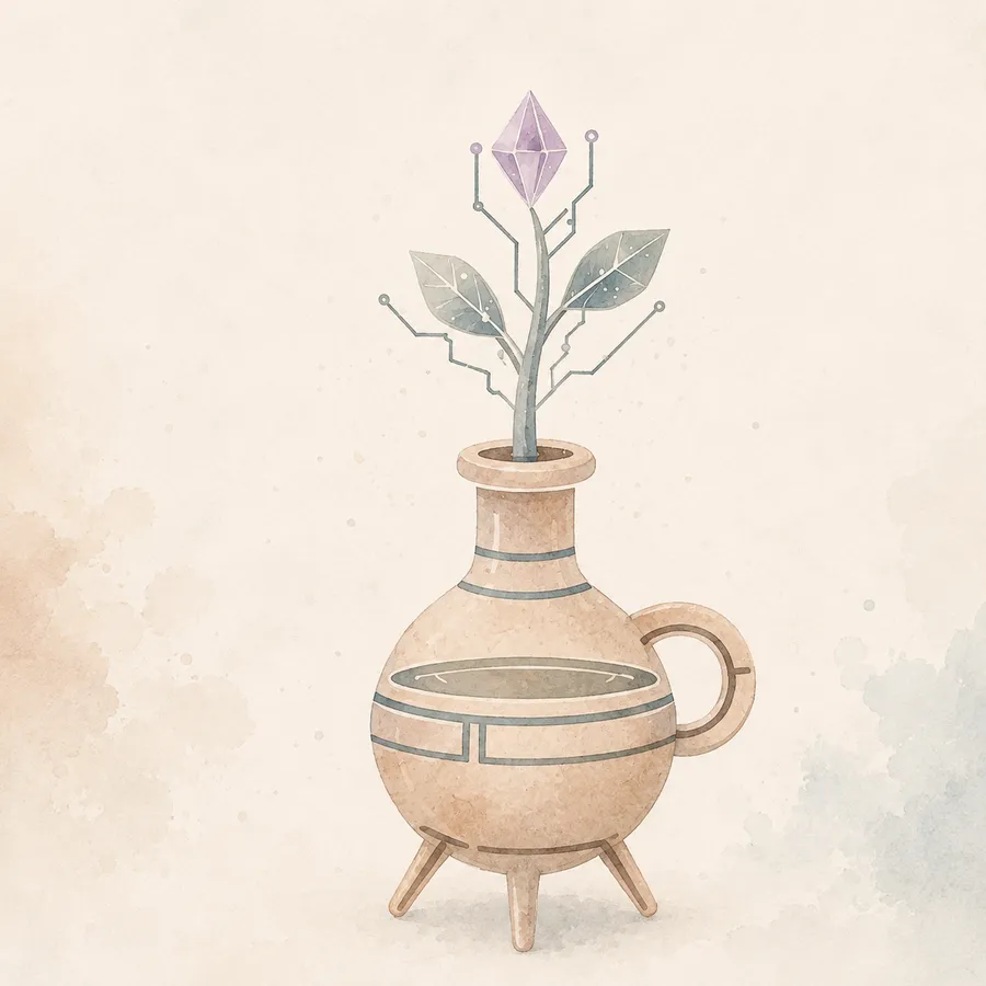A watercolor vessel growing a circuit-like flowering plant.