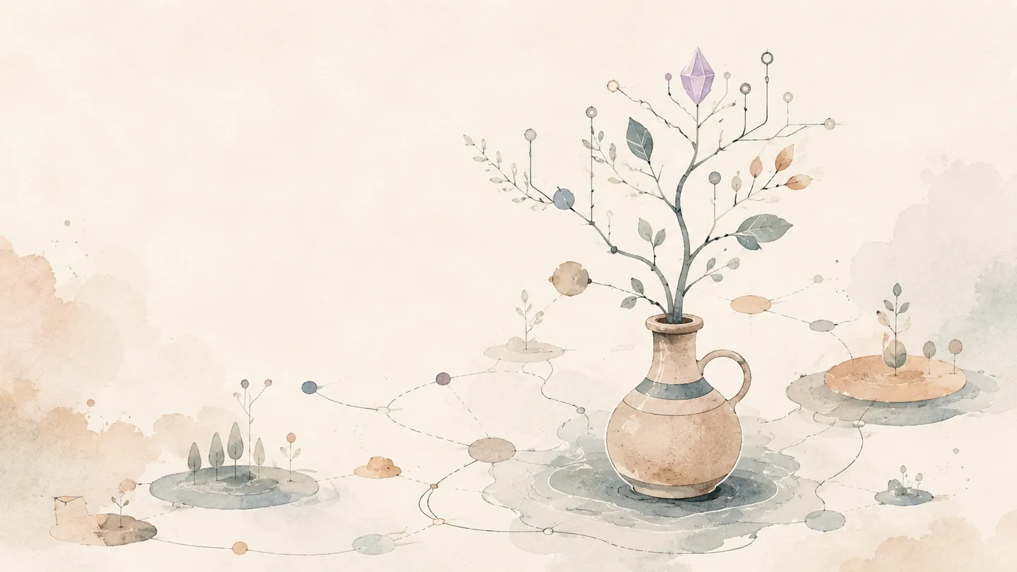 A watercolor vessel whose branching plant connects small islands of growth.