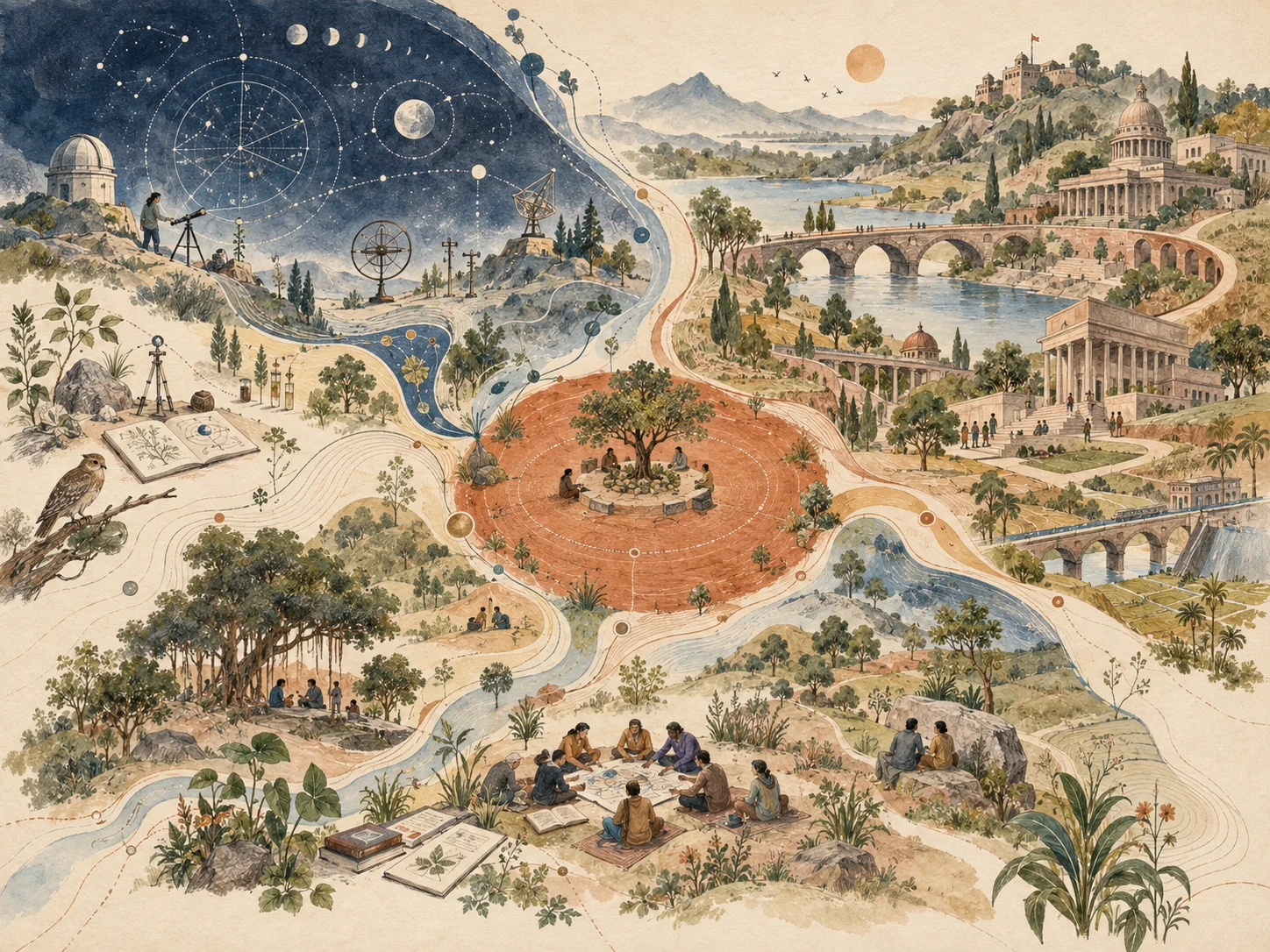 Illustrated landscape connecting technical research, civic institutions, and groups of people around a shared center.